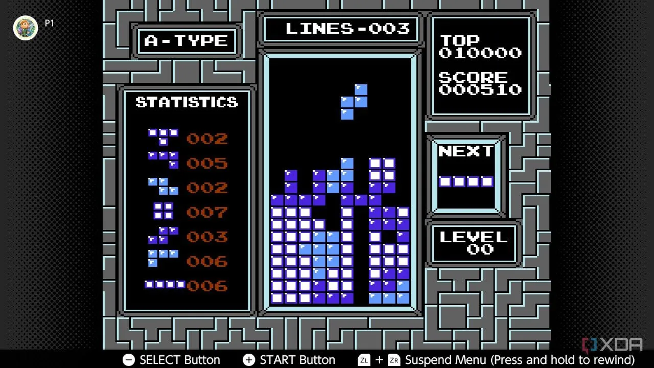 Giao diện game Tetris phiên bản NES trên dịch vụ Nintendo Switch Online