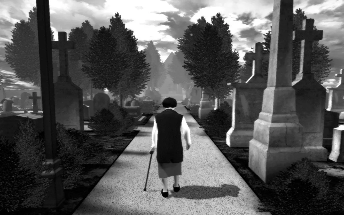 Giao diện game The Graveyard, hiển thị hình ảnh một người phụ nữ lớn tuổi đang đi dạo trong nghĩa trang.