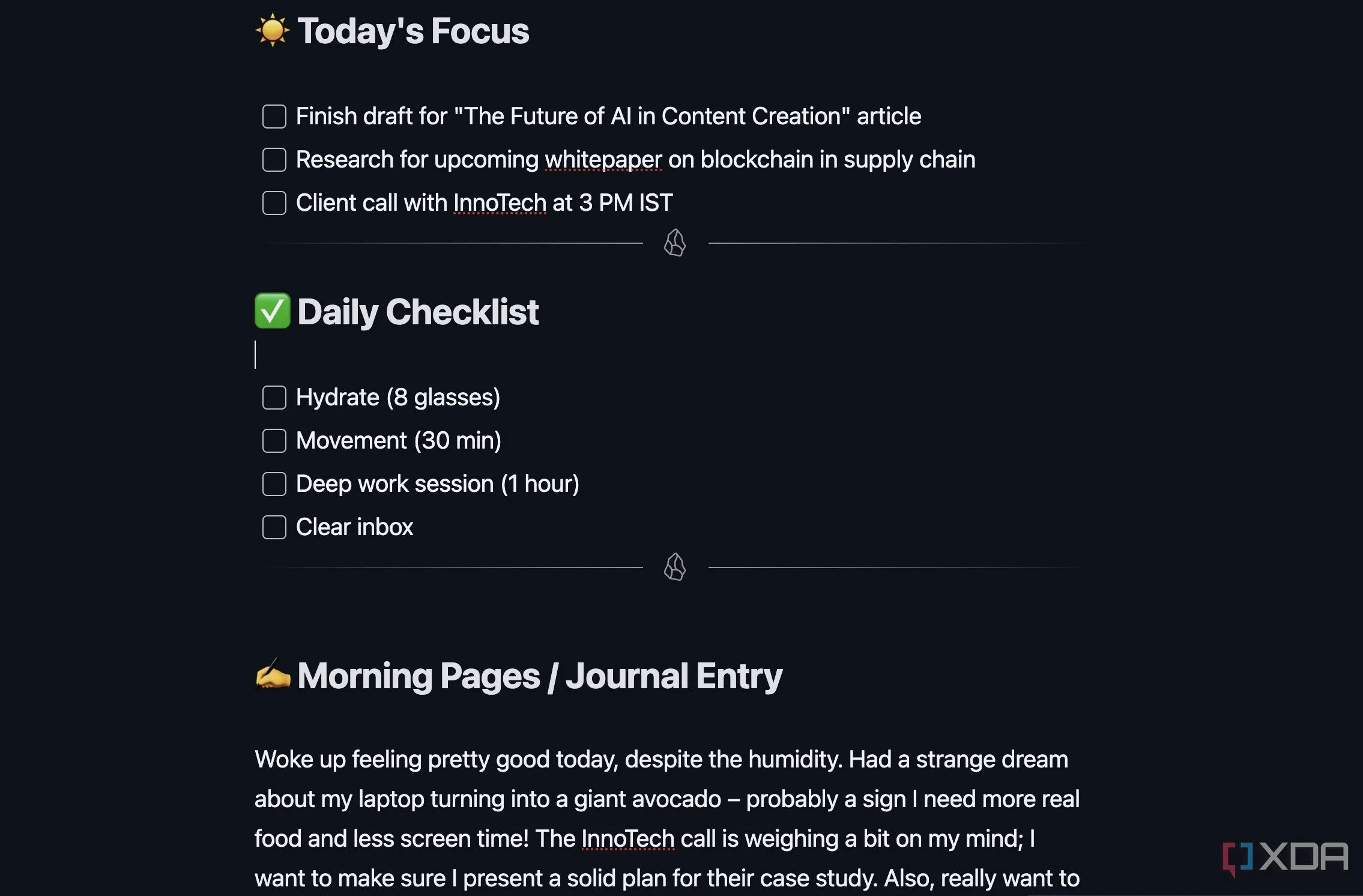 Giao diện mẫu ghi chú hàng ngày (Daily Note) trong Obsidian