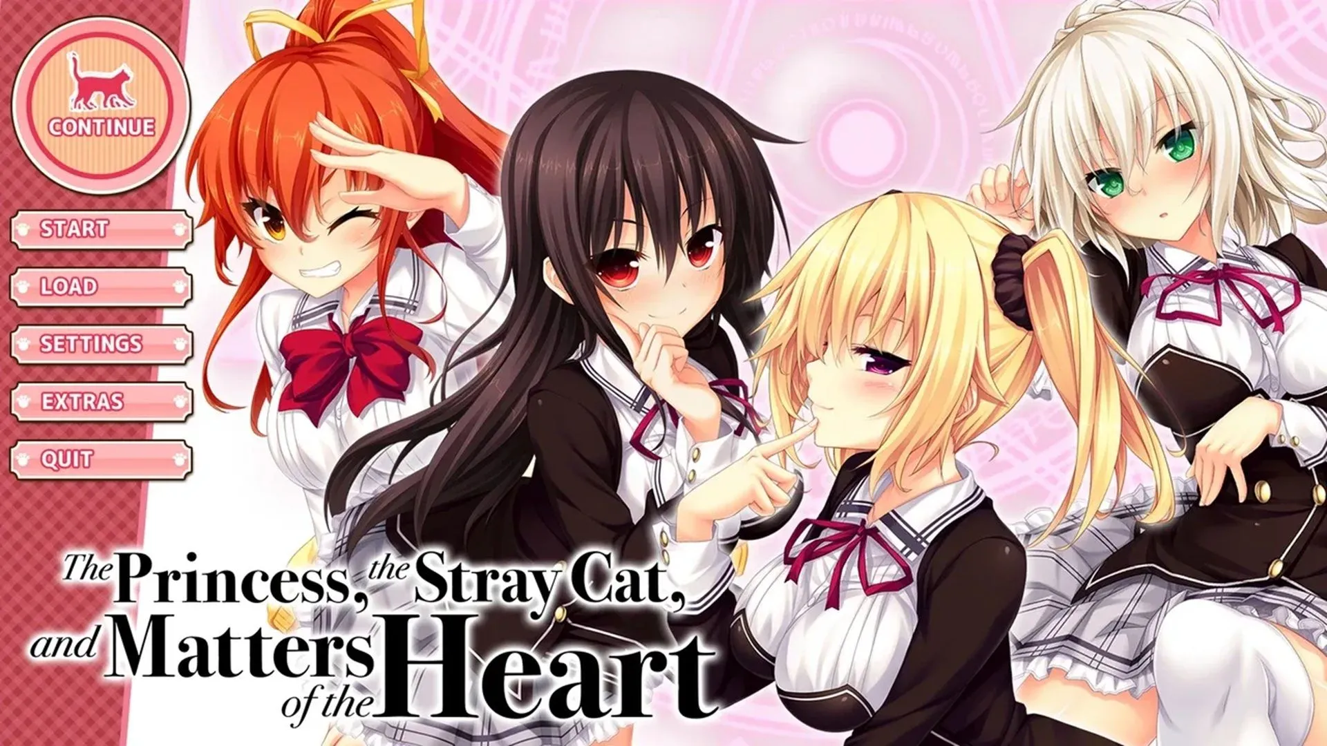 Giao diện menu chính của game visual novel Nora Princess And Stray Cat Heart, hiển thị hình ảnh các nhân vật nữ theo phong cách anime, một trong những game PC vật lý hiếm và đắt giá nhất