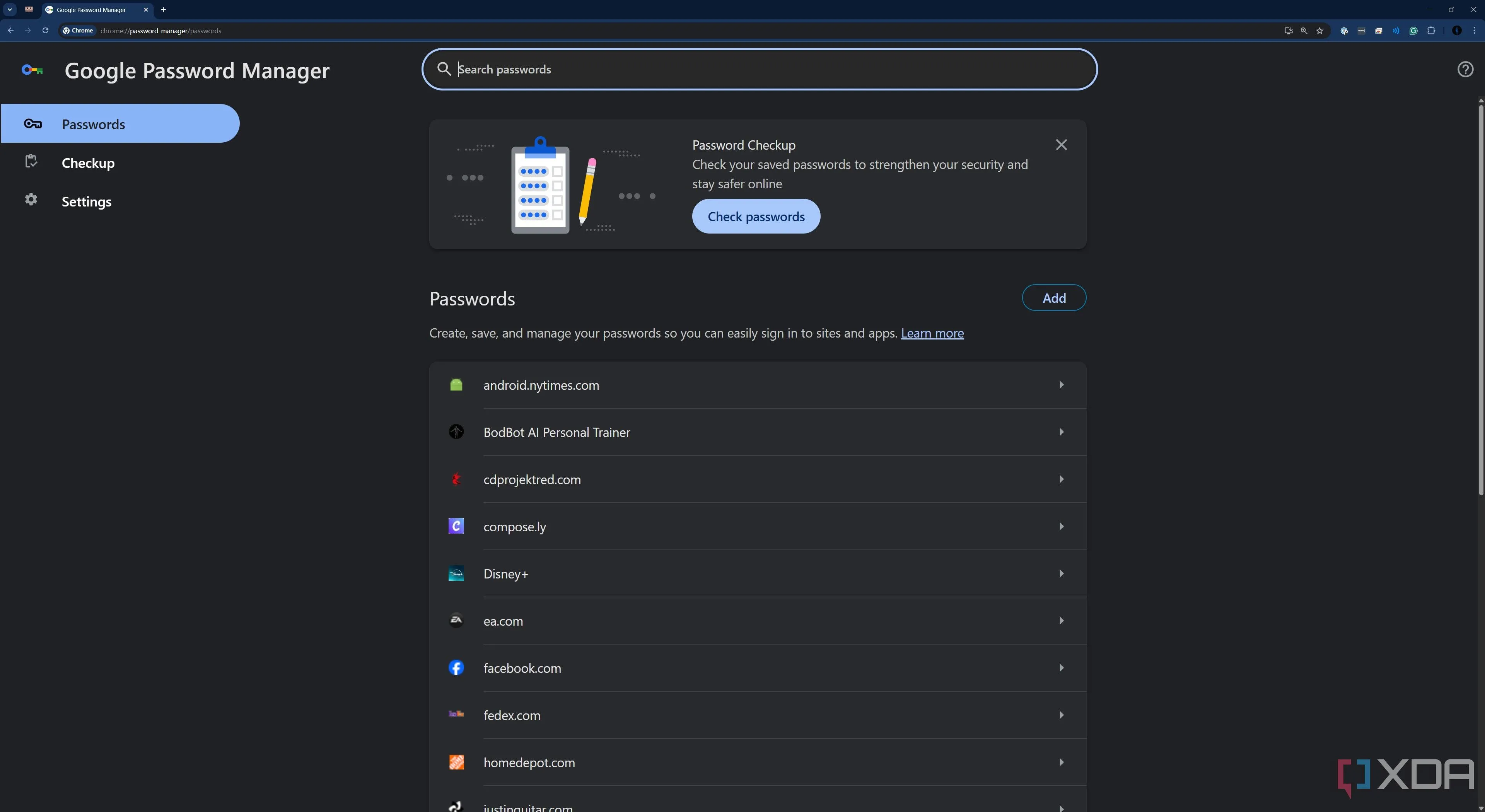 Giao diện quản lý mật khẩu của Google Chrome, thể hiện cách trình duyệt lưu trữ mật khẩu với mã hóa cơ bản.