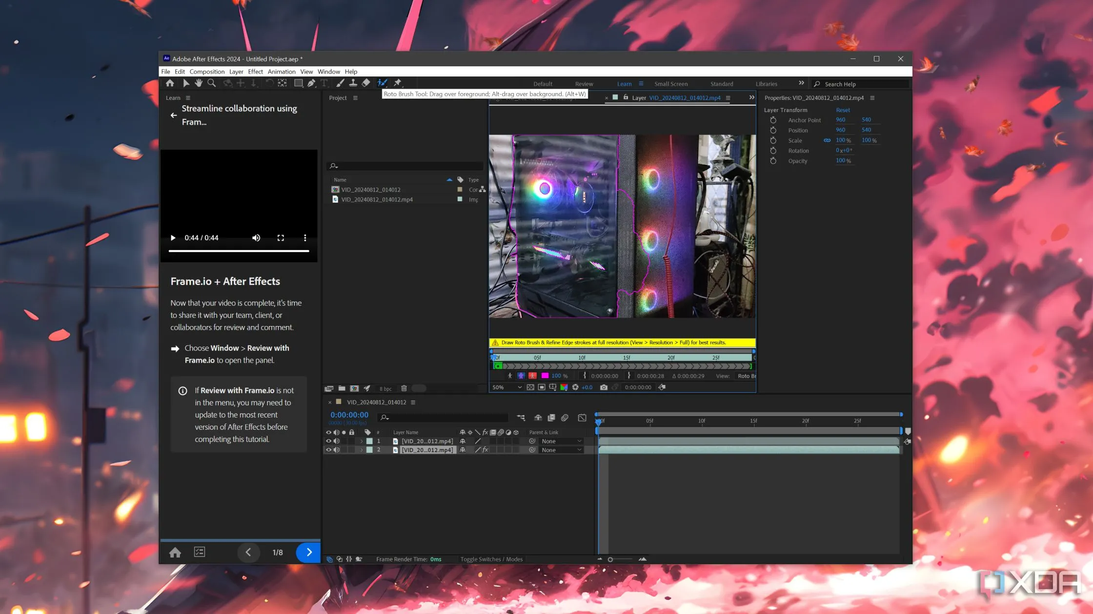 Giao diện Roto Brush trong After Effects cho thấy tính năng tách chủ thể phức tạp