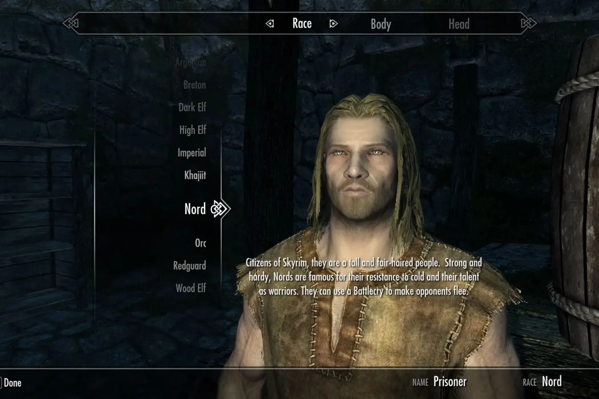 Giao diện tạo nhân vật mod Alternate Start - Live Another Life trong Skyrim cho phép chọn khởi đầu mới