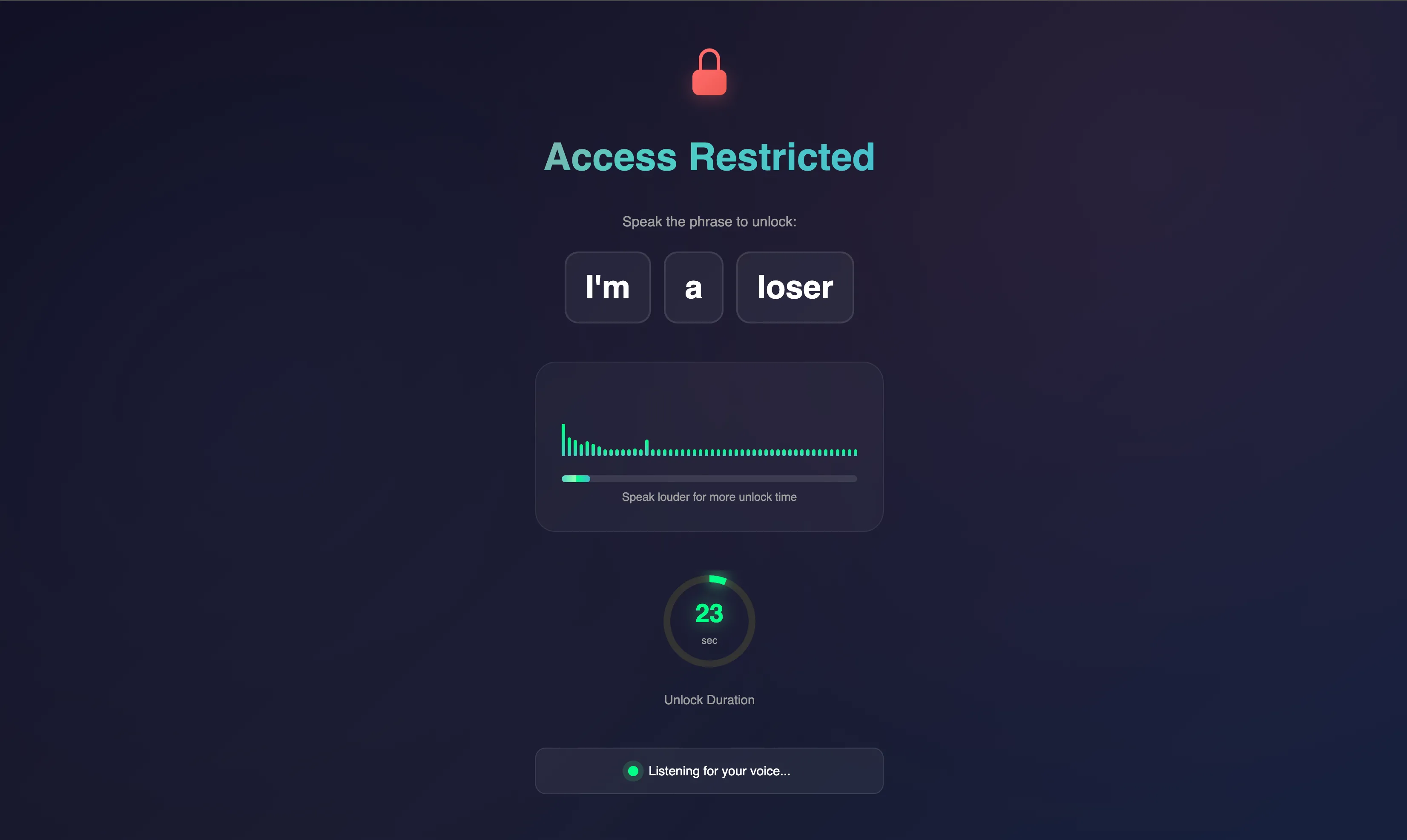 Giao diện tiện ích Chrome Scream to Unlock yêu cầu người dùng la "I'm a loser" để mở khóa mạng xã hội.