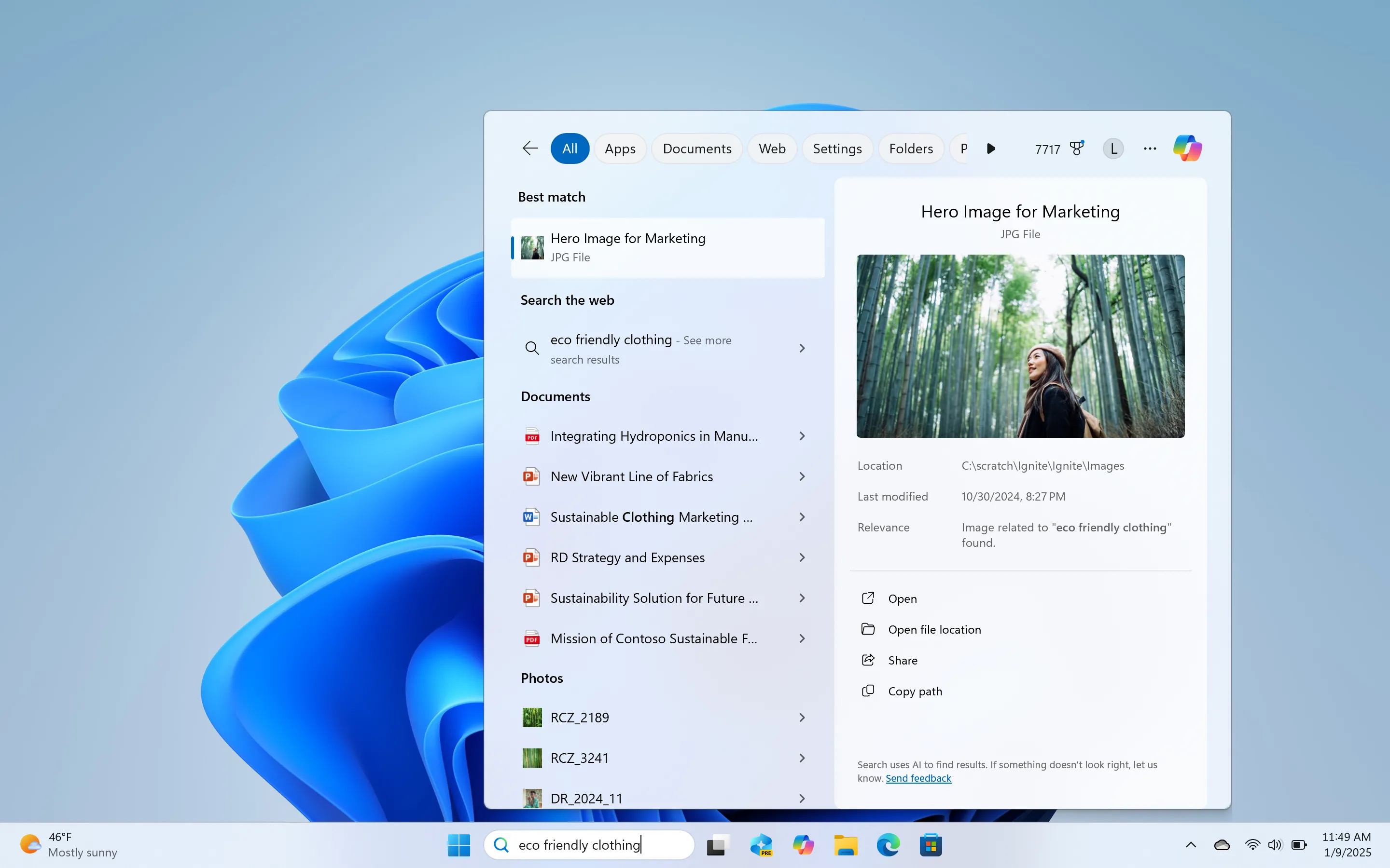 Giao diện tìm kiếm AI ngữ cảnh mới trên thanh tác vụ Windows 11 với biểu tượng Copilot