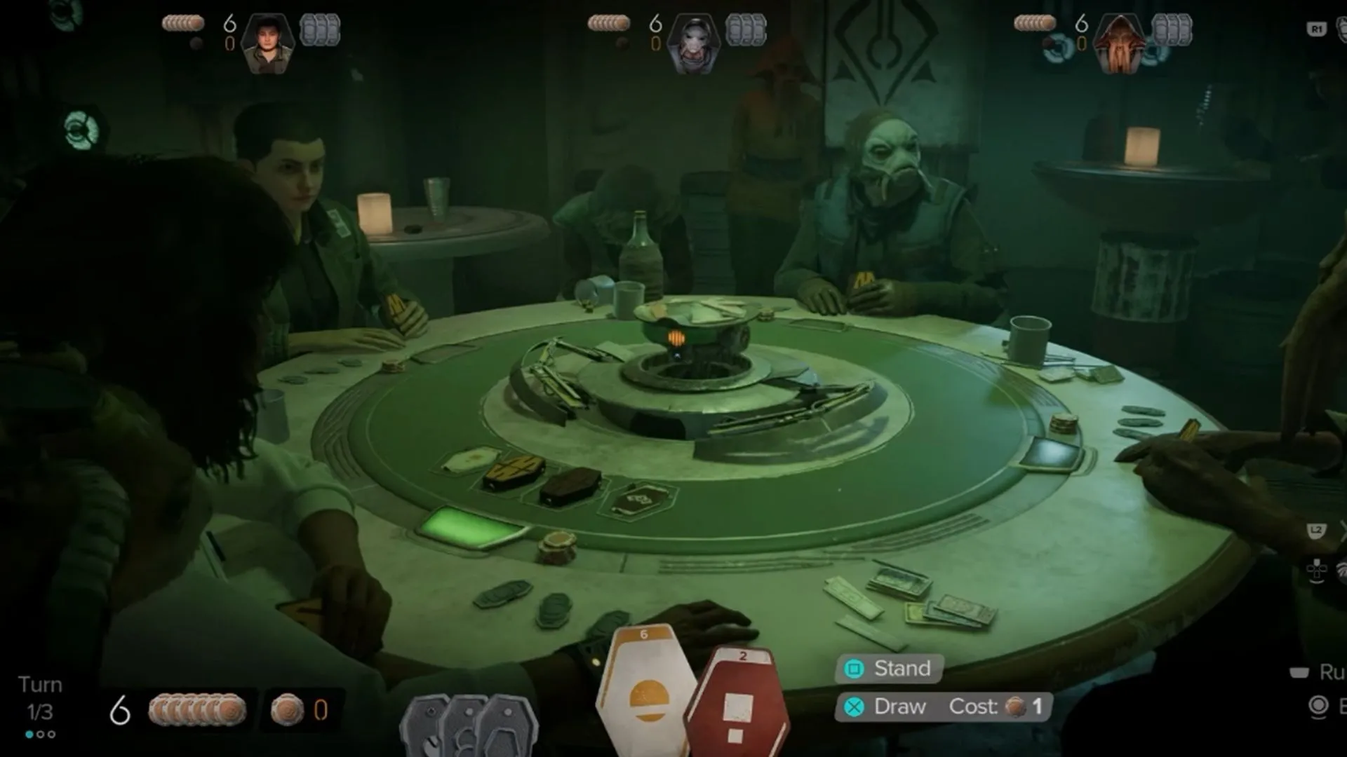 Giao diện trò chơi bài Sabacc trong tựa game Star Wars Outlaws, nơi người chơi đặt cược tín dụng để giành chiến thắng