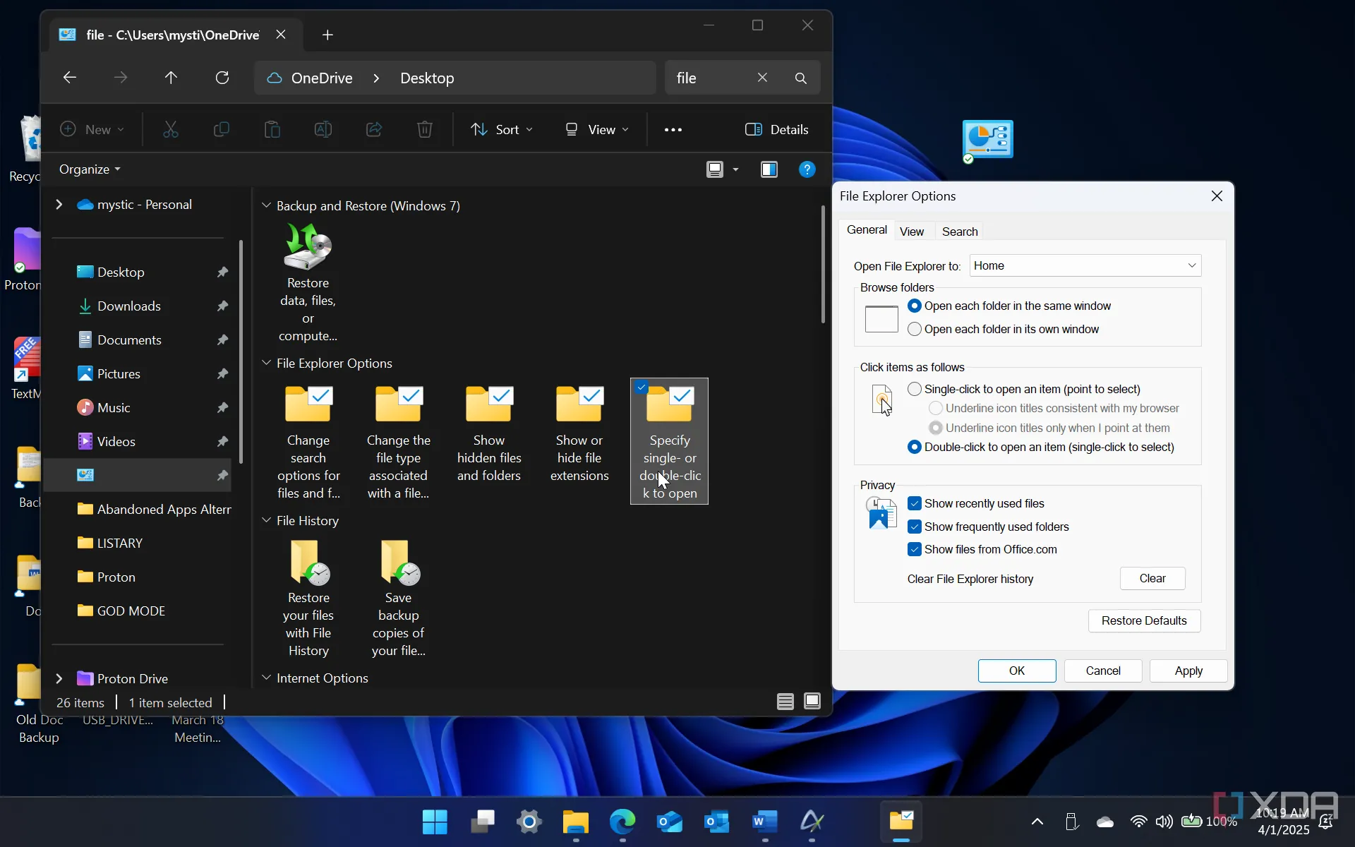 Giao diện tùy chọn loại tệp trong God Mode trên Windows 11