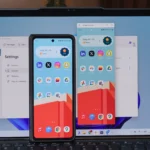 Giao diện ứng dụng Link to Windows (Phone Link) trên máy tính, hiển thị màn hình điện thoại Android được phản chiếu và các tùy chọn điều khiển máy tính