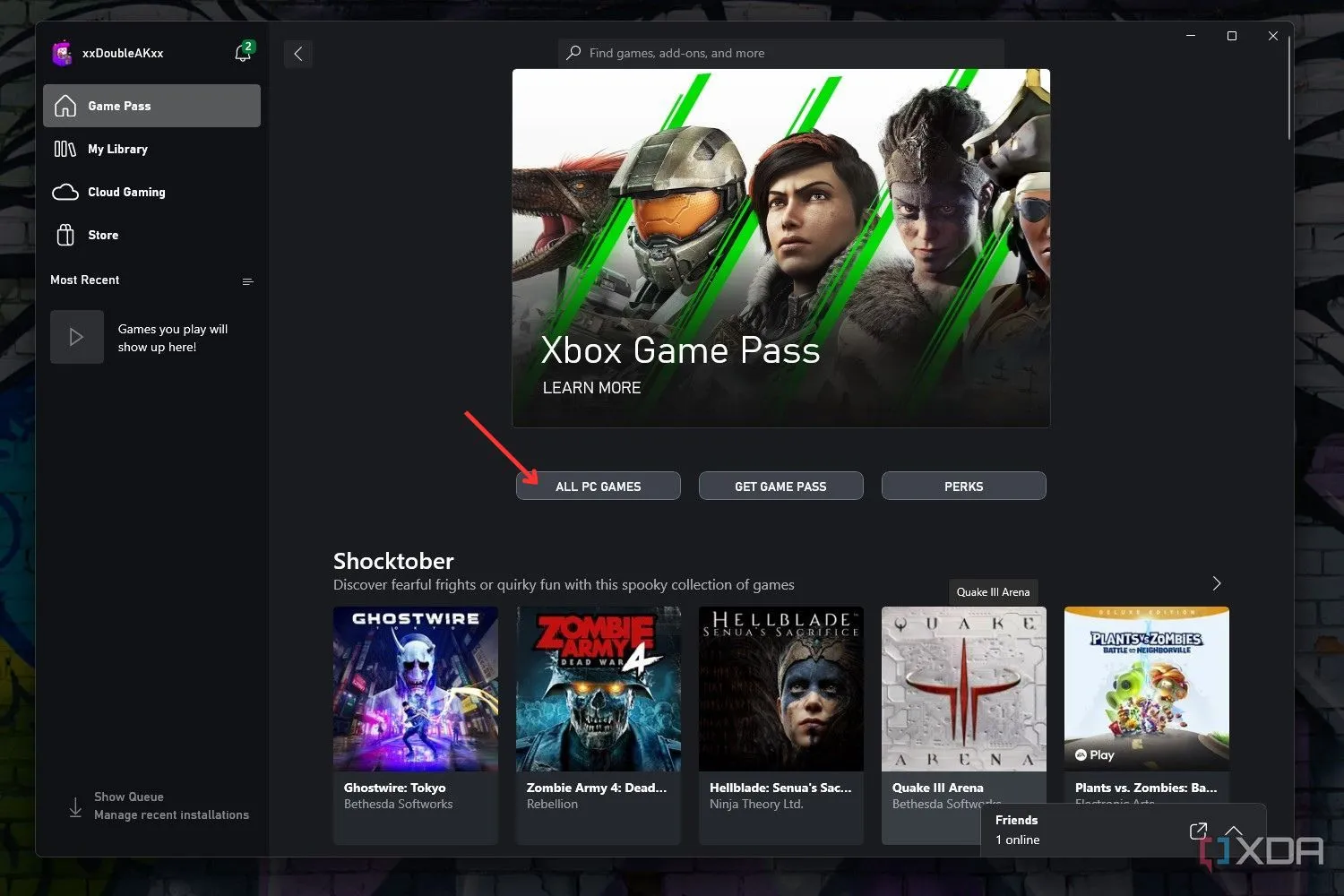 Giao diện ứng dụng Xbox trên PC hiển thị tùy chọn 'Tất cả trò chơi PC' trong Xbox Game Pass