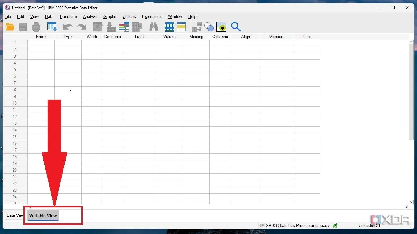Giao diện Variable View trong SPSS, nơi định nghĩa và quản lý các biến dữ liệu.