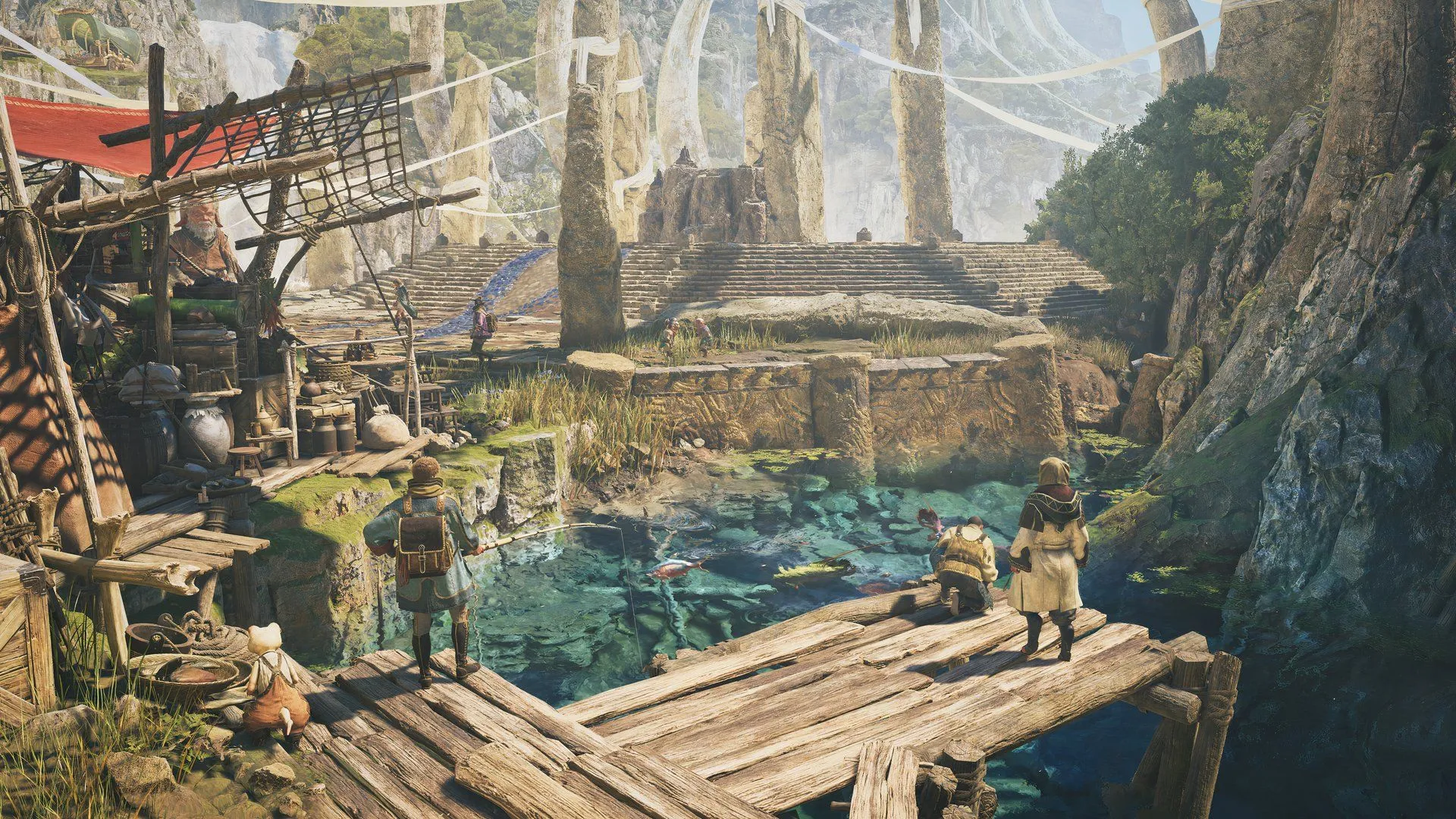 Góc nhìn cận cảnh về Grand Hub trong Monster Hunter Wilds, một không gian rộng lớn với kiến trúc độc đáo, hiển thị chi tiết môi trường và đồ họa chất lượng cao của game.