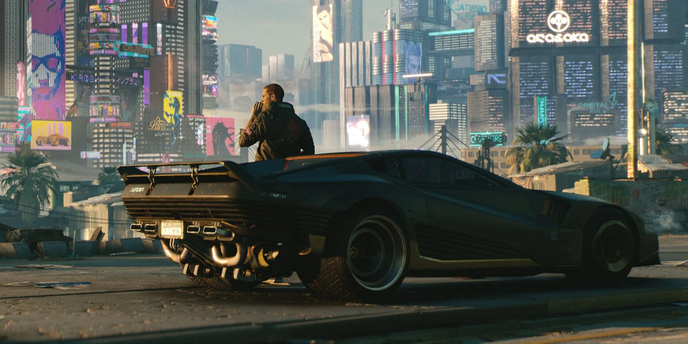 Góc nhìn từ trên cao của Night City, thể hiện kiến trúc đô thị tương lai trong Cyberpunk 2077.