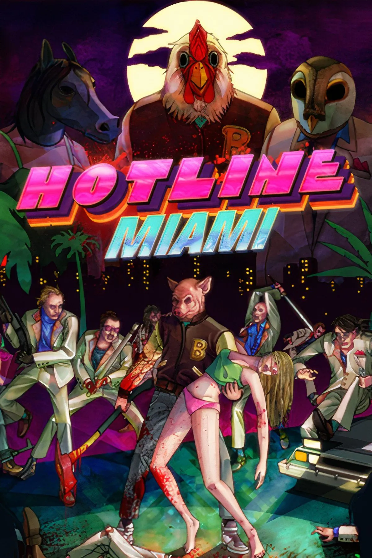 Góc nhìn từ trên xuống trong Hotline Miami với hiệu ứng neon và máu