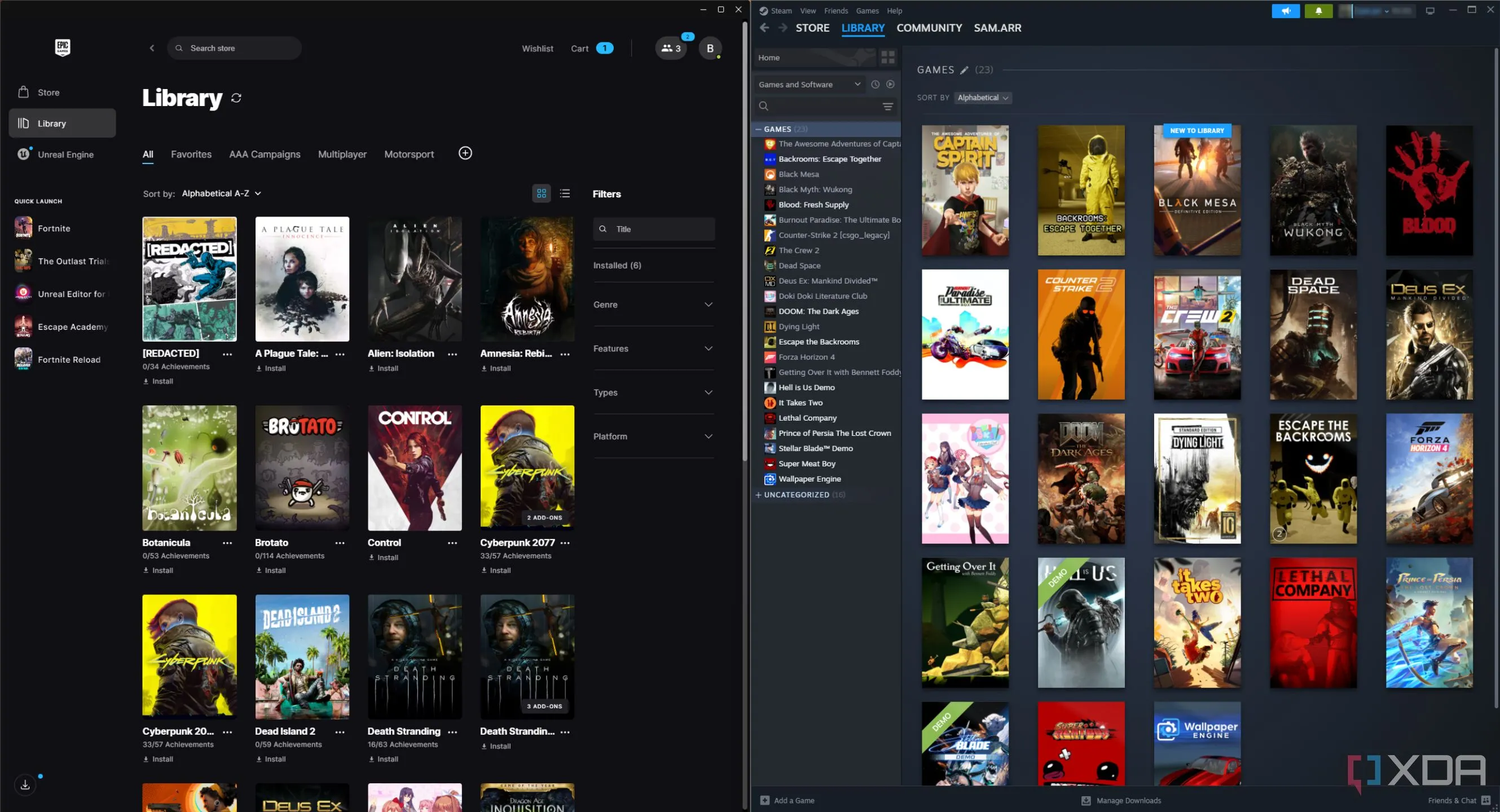 Hai giao diện thư viện game Steam và Epic Games Store, minh họa tiềm năng tích hợp trên Xbox.