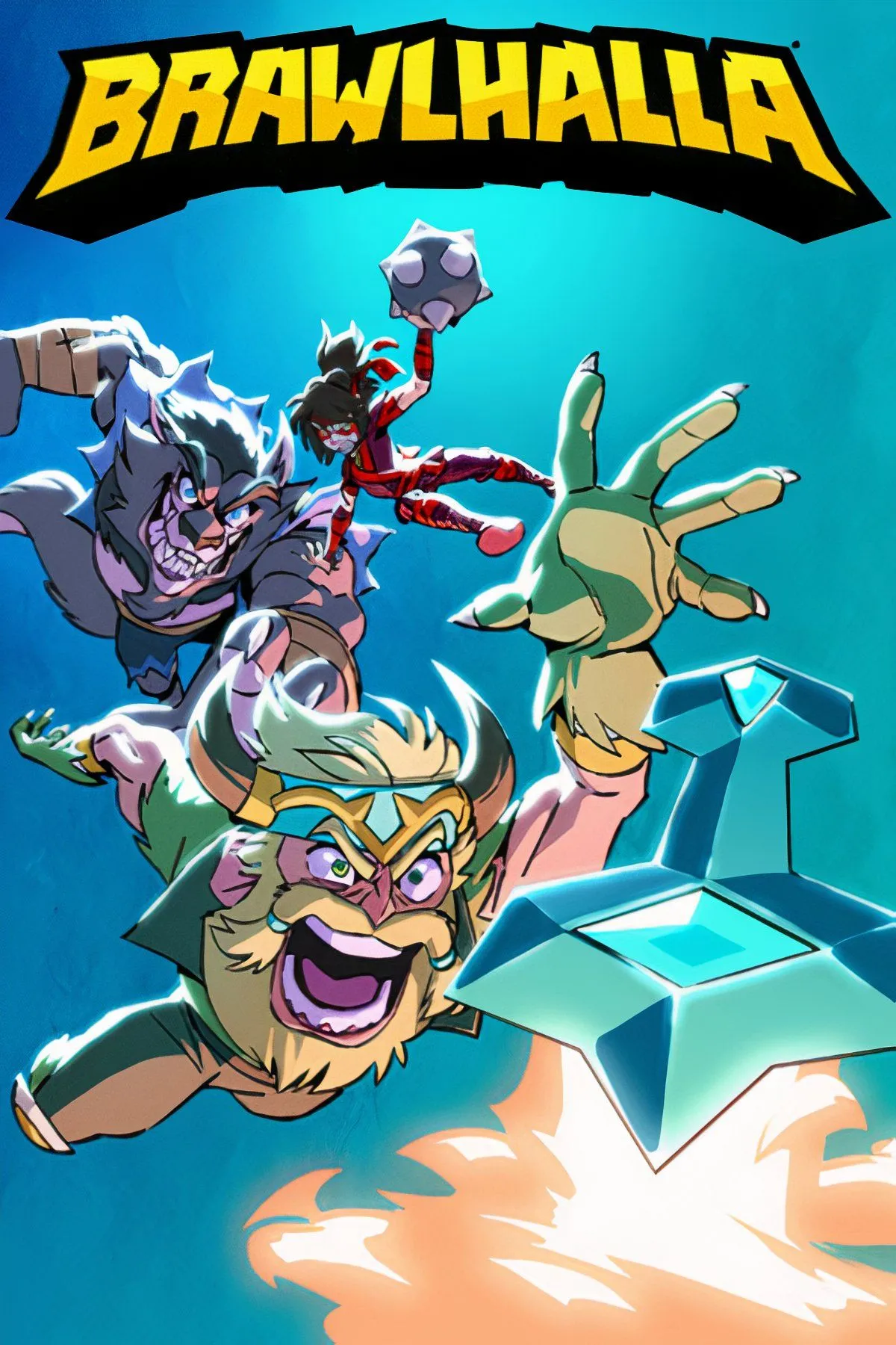 Hai nhân vật đang chiến đấu trong game đối kháng Brawlhalla với hiệu ứng kỹ năng và nền đấu trường xanh. Game miễn phí cho PC cấu hình thấp.