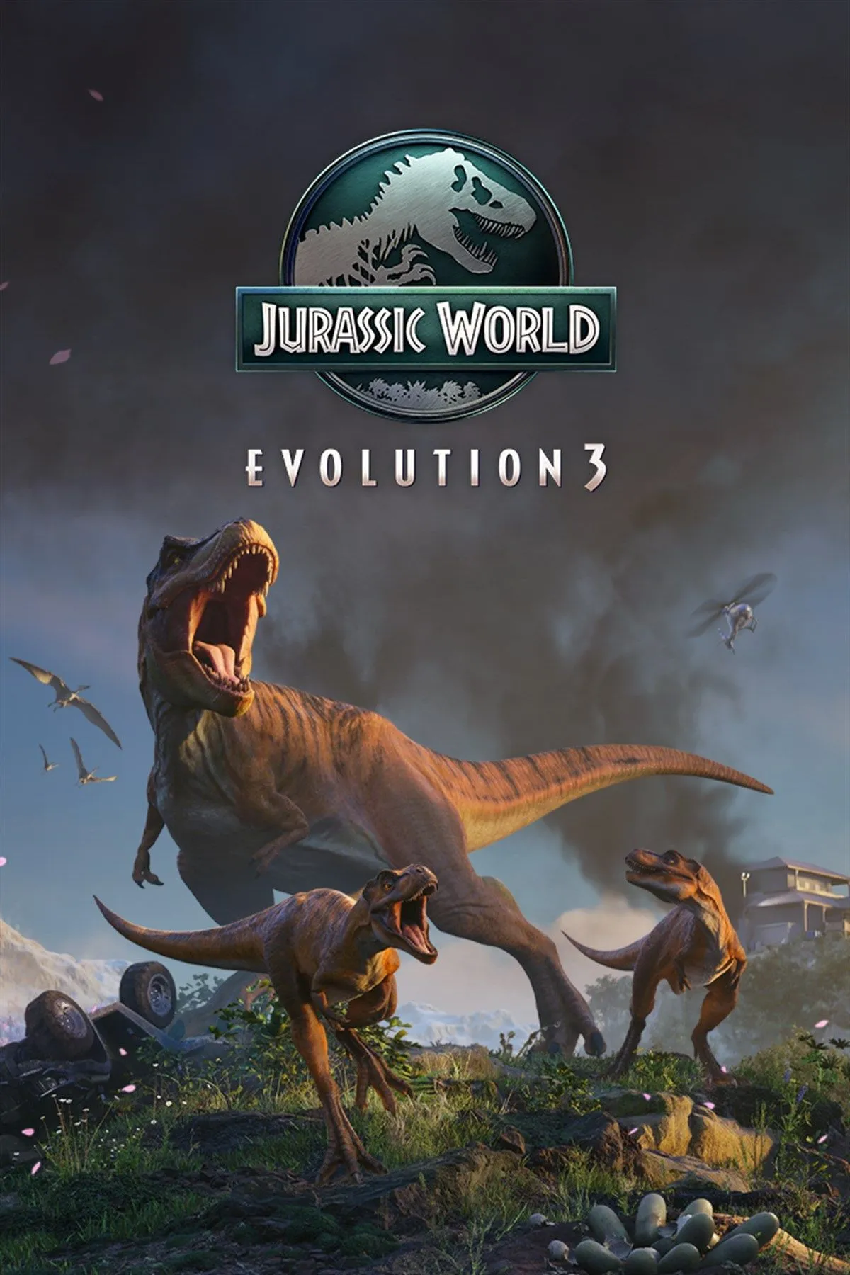 Hình ảnh bìa của game Jurassic World Evolution 3 với logo và khủng long T-Rex