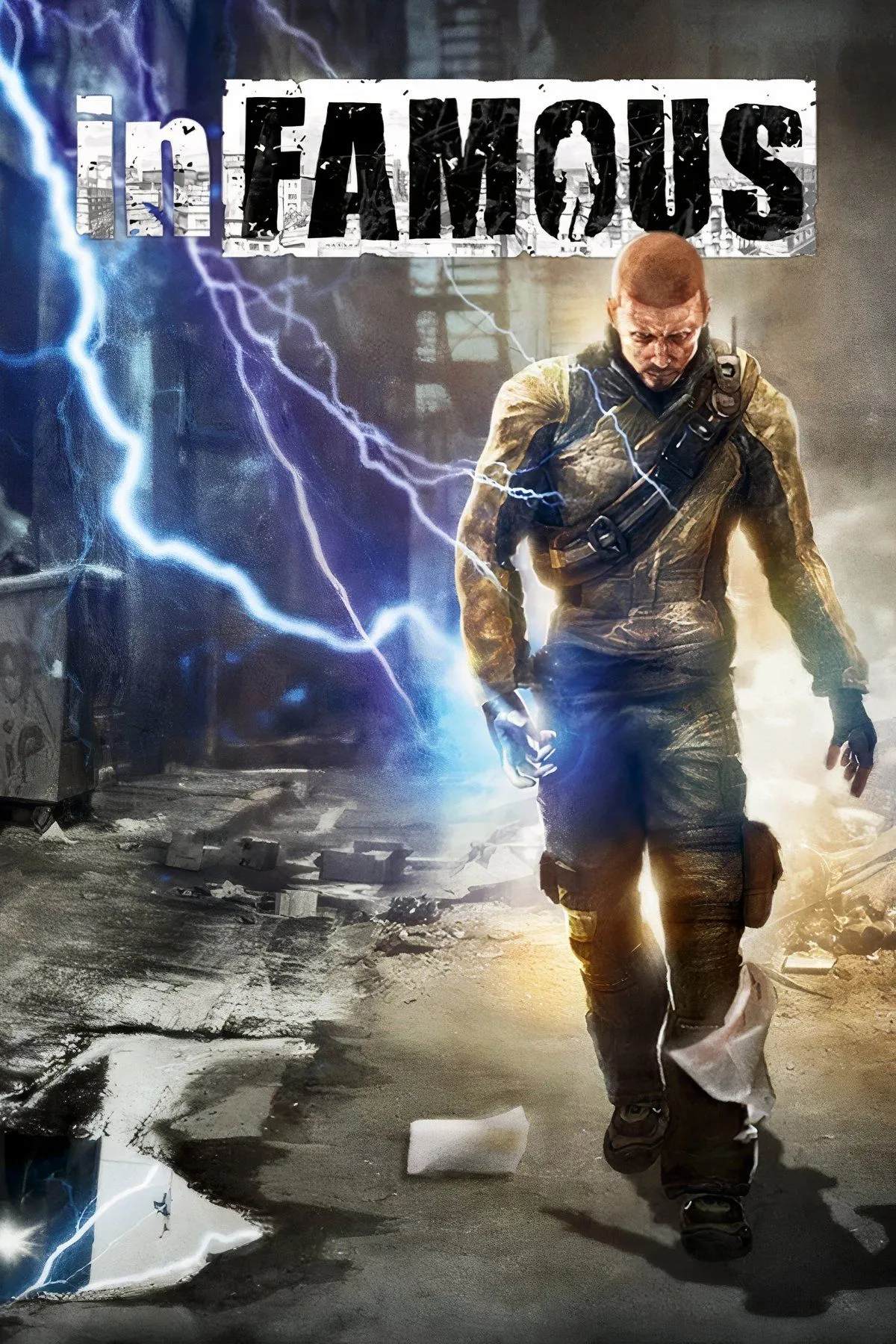 Hình ảnh bìa của series Infamous với nhân vật chính Cole MacGrath đang sử dụng sức mạnh điện, thể hiện khả năng siêu nhiên và bối cảnh thành phố giả tưởng New York.