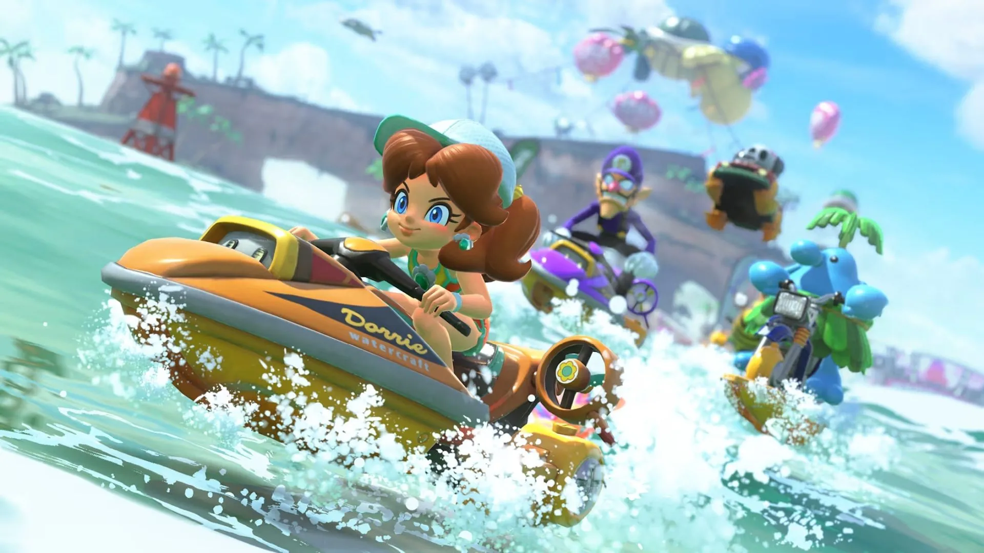 Hình ảnh các tay đua Mario Kart World đang vượt qua chướng ngại vật trên Nintendo Switch 2.