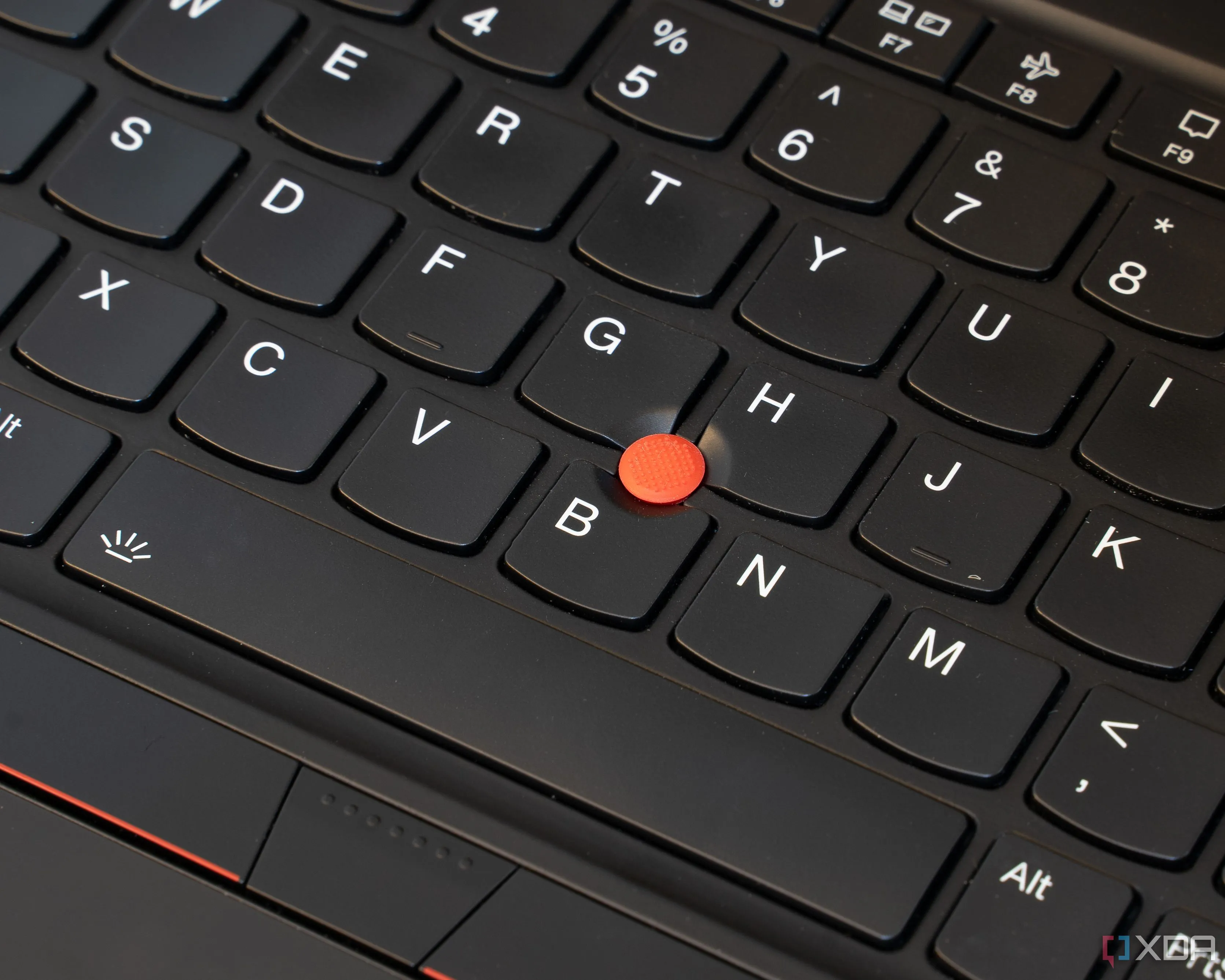 Hình ảnh cận cảnh bàn phím ThinkPad với TrackPoint màu đỏ đặc trưng ở giữa, biểu tượng của sự tiện dụng và thiết kế độc đáo.