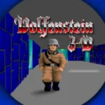 Hình ảnh đồ họa pixel của tựa game bắn súng góc nhìn thứ nhất Wolfenstein 3D, với nhân vật chính đối mặt kẻ thù trong hành lang mê cung.