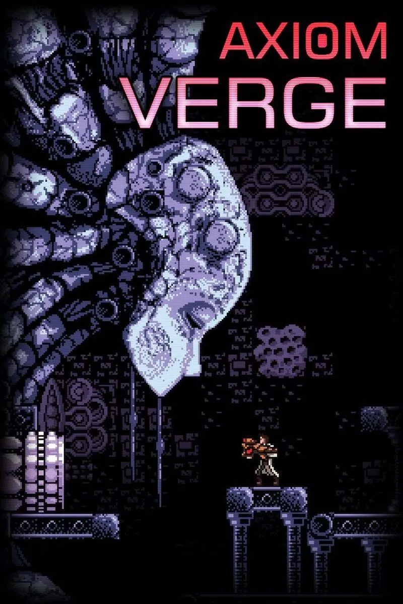 Hình ảnh game Axiom Verge với nhân vật chính đang đối mặt với quái vật ngoài hành tinh trong môi trường khoa học viễn tưởng