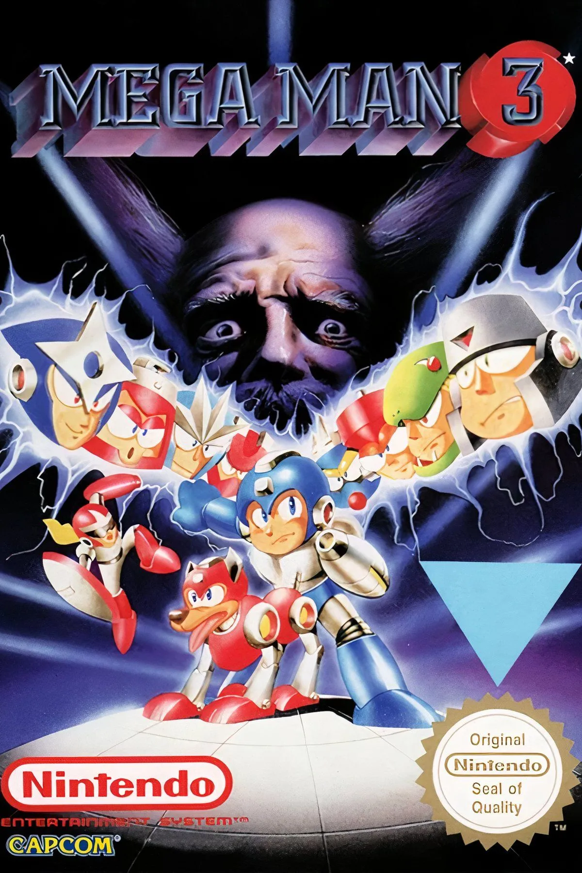 Hình ảnh game Mega Man 3 trên NES, minh họa các màn chơi và trùm.