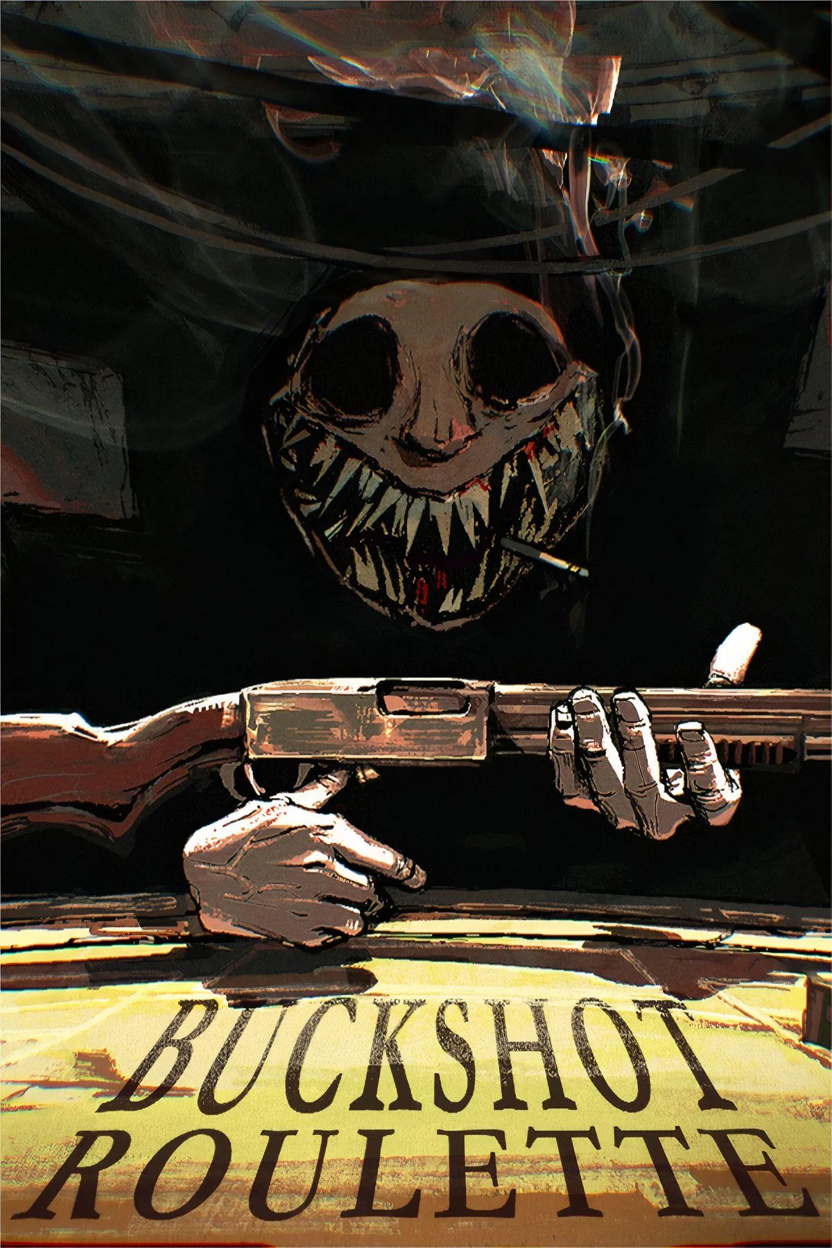 Hình ảnh gameplay Buckshot Roulette, một khẩu súng và người chơi đang đối mặt với Dealer đáng sợ