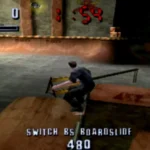 Hình ảnh gameplay từ Tony Hawk's Pro Skater trên PlayStation, cho thấy nhân vật đang thực hiện cú trick trên ván trượt trong môi trường 3D.