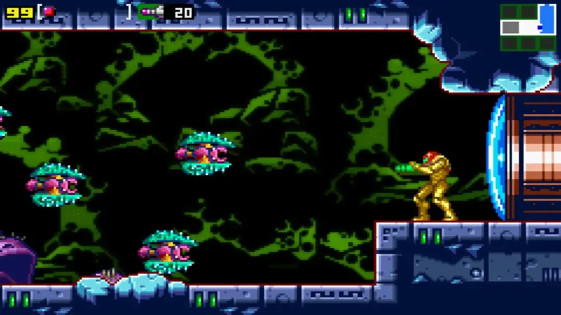 Hình ảnh lối chơi của Metroid: Zero Mission trên Game Boy Advance, thể hiện Samus trong Zero Suit đang lẻn qua một khu vực, nhấn mạnh yếu tố mới trong bản làm lại.