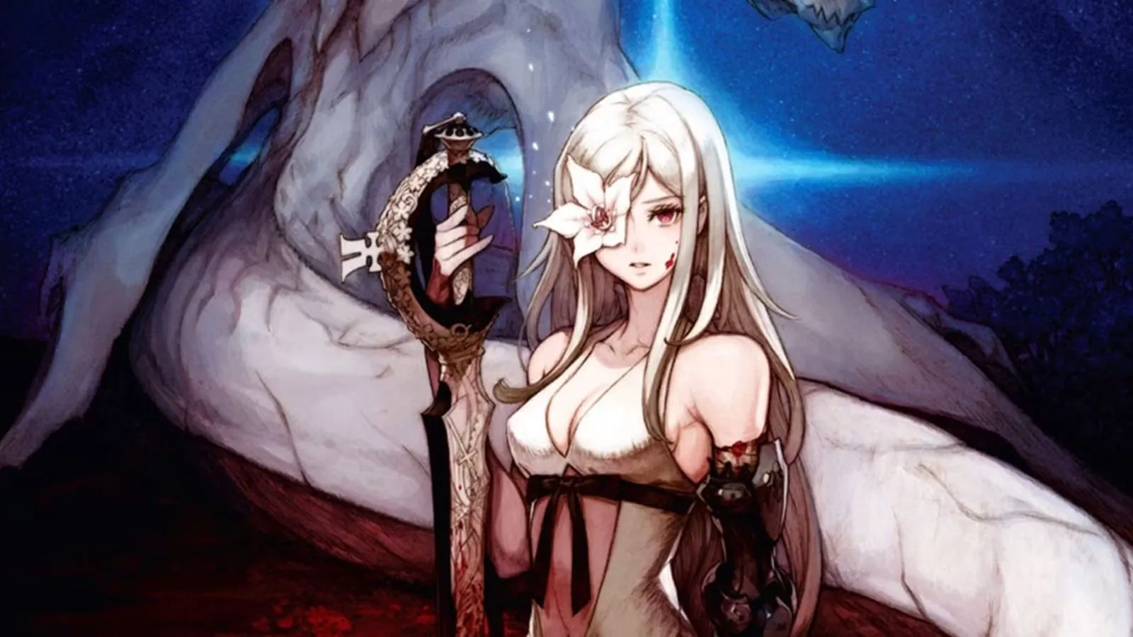 Hình ảnh nghệ thuật chính của Drakengard 3 với nhân vật Zero, nữ chiến binh tóc trắng cầm vũ khí, đứng giữa bối cảnh đổ nát, thể hiện phong cách dark fantasy đặc trưng của game.