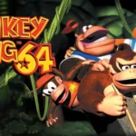 Hình ảnh quảng bá game Donkey Kong 64 cho Nintendo 64, thể hiện phong cách đồ họa 3D của tựa game platformer kinh điển này trên N64
