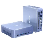 Hình ảnh render Mini PC GEEKOM AX8 Max nổi bật trên nền trắng, thể hiện thiết kế nhỏ gọn và hiện đại.