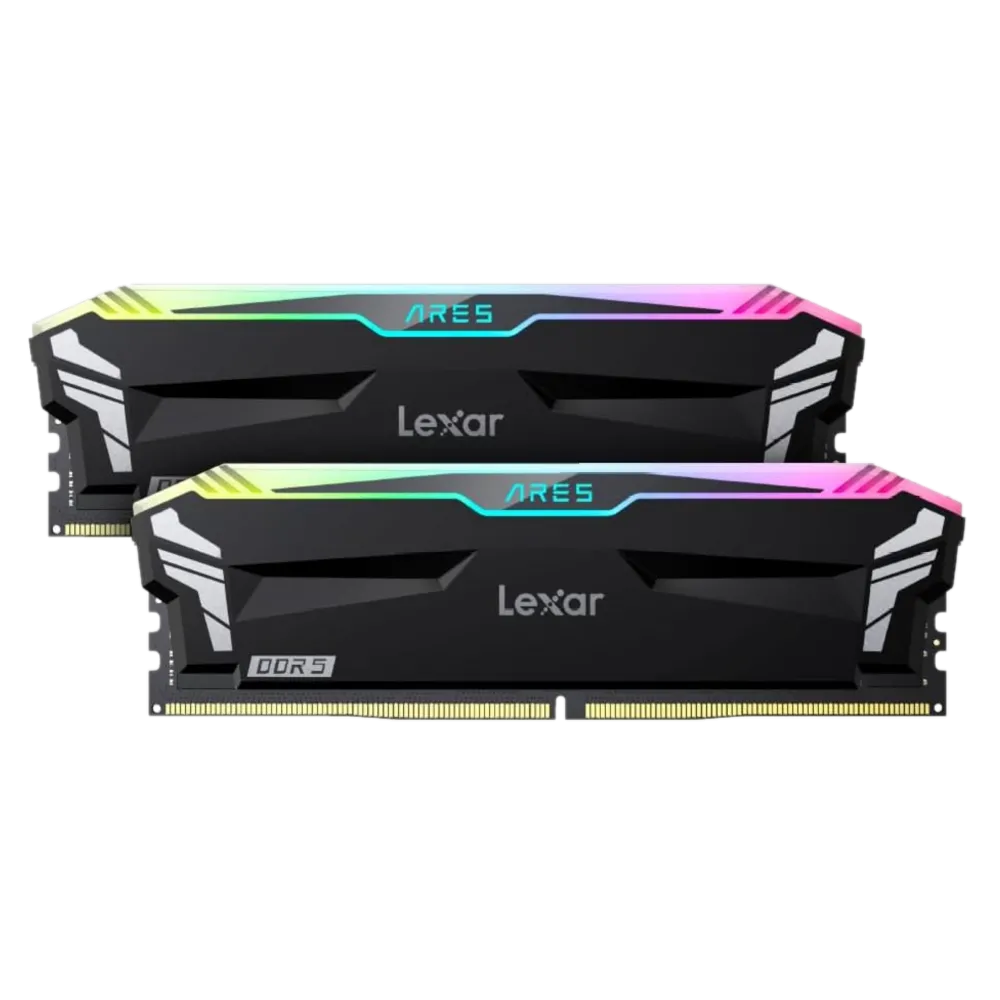 Hình ảnh render thanh RAM Lexar ARES RGB DDR5 màu đen với đèn LED