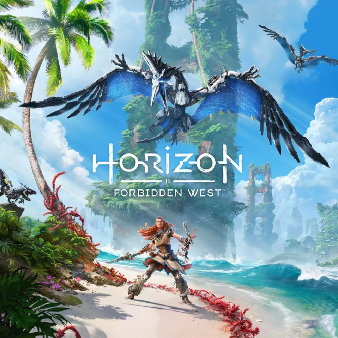 Hình ảnh sản phẩm của game Horizon Forbidden West, thể hiện nữ anh hùng Aloy đối mặt với một cỗ máy khủng lồ hình khủng long trong một cảnh quan tươi tốt.