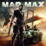 Hình ảnh sản phẩm của game Mad Max, thể hiện một chiến binh mặc đồ da đứng trước chiếc xe cơ bắp được độ lại trong bối cảnh sa mạc hậu tận thế.