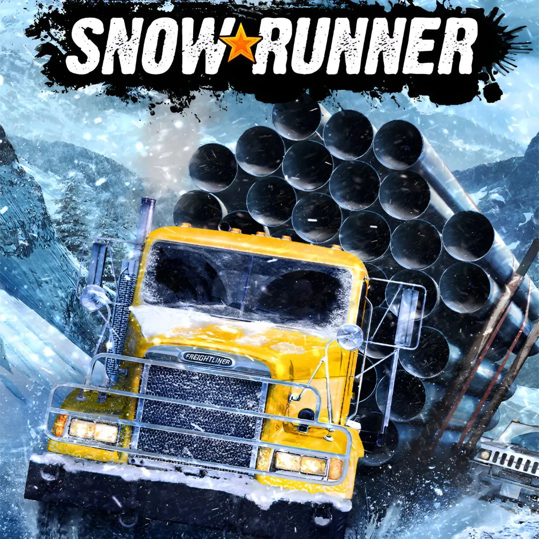 Hình ảnh sản phẩm của game SnowRunner, hiển thị một chiếc xe tải lớn mắc kẹt trong bùn lầy sâu tại một khu rừng phủ tuyết.