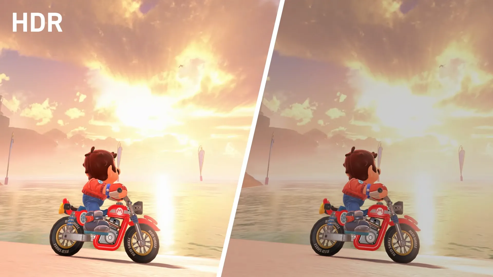 Hình ảnh so sánh game Mario Kart World với và không có HDR trên Nintendo Switch 2, làm nổi bật màu sắc sống động và chi tiết hiển thị.