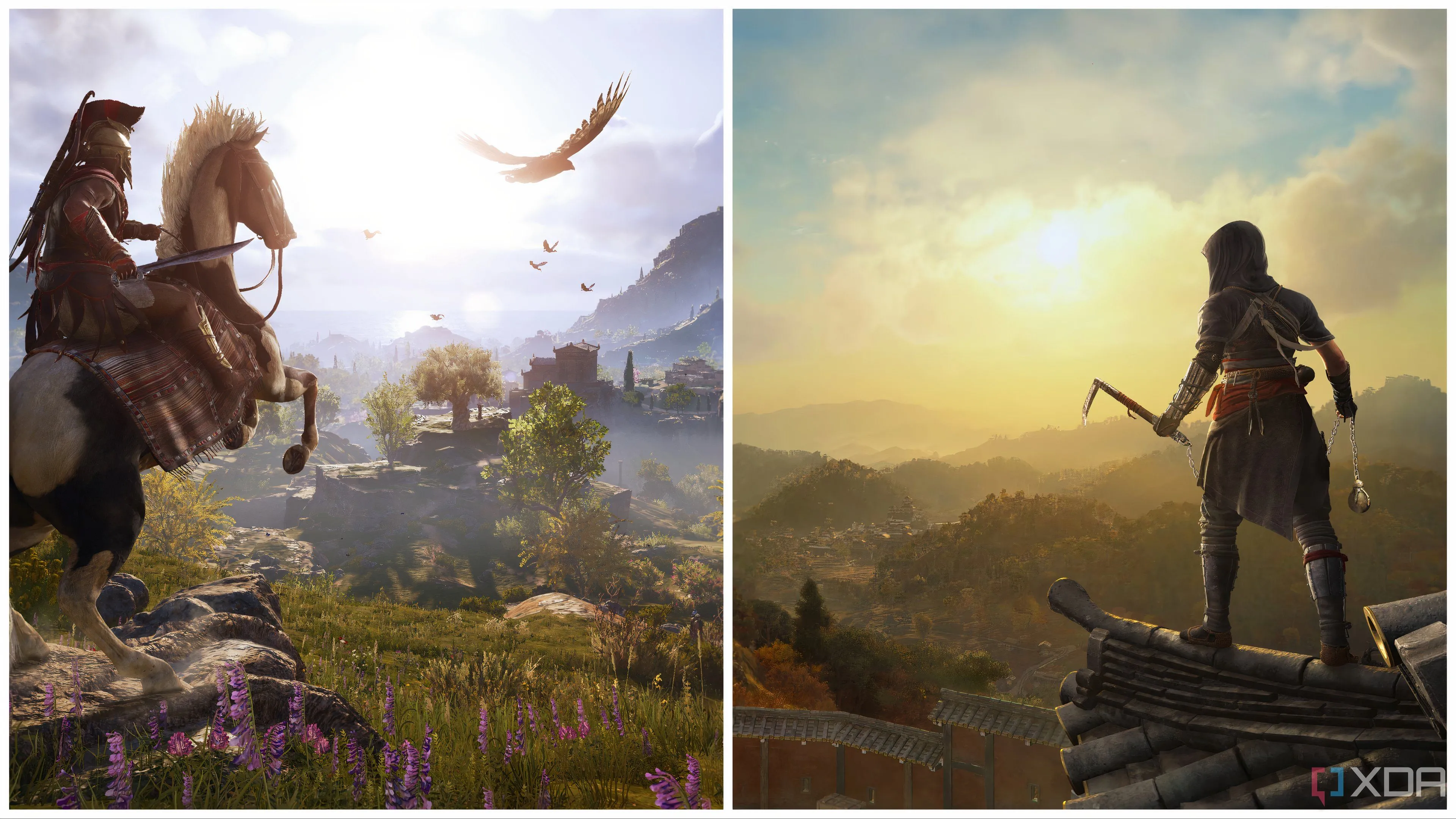 Hình ảnh so sánh môi trường và phong cách giữa Assassin's Creed Odyssey và Assassin's Creed Shadows