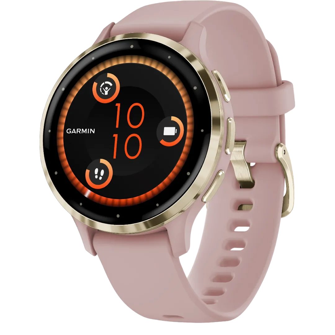 Hình ảnh thực tế Garmin Venu 3S với mặt đồng hồ tròn, thể hiện sự sang trọng và công nghệ.