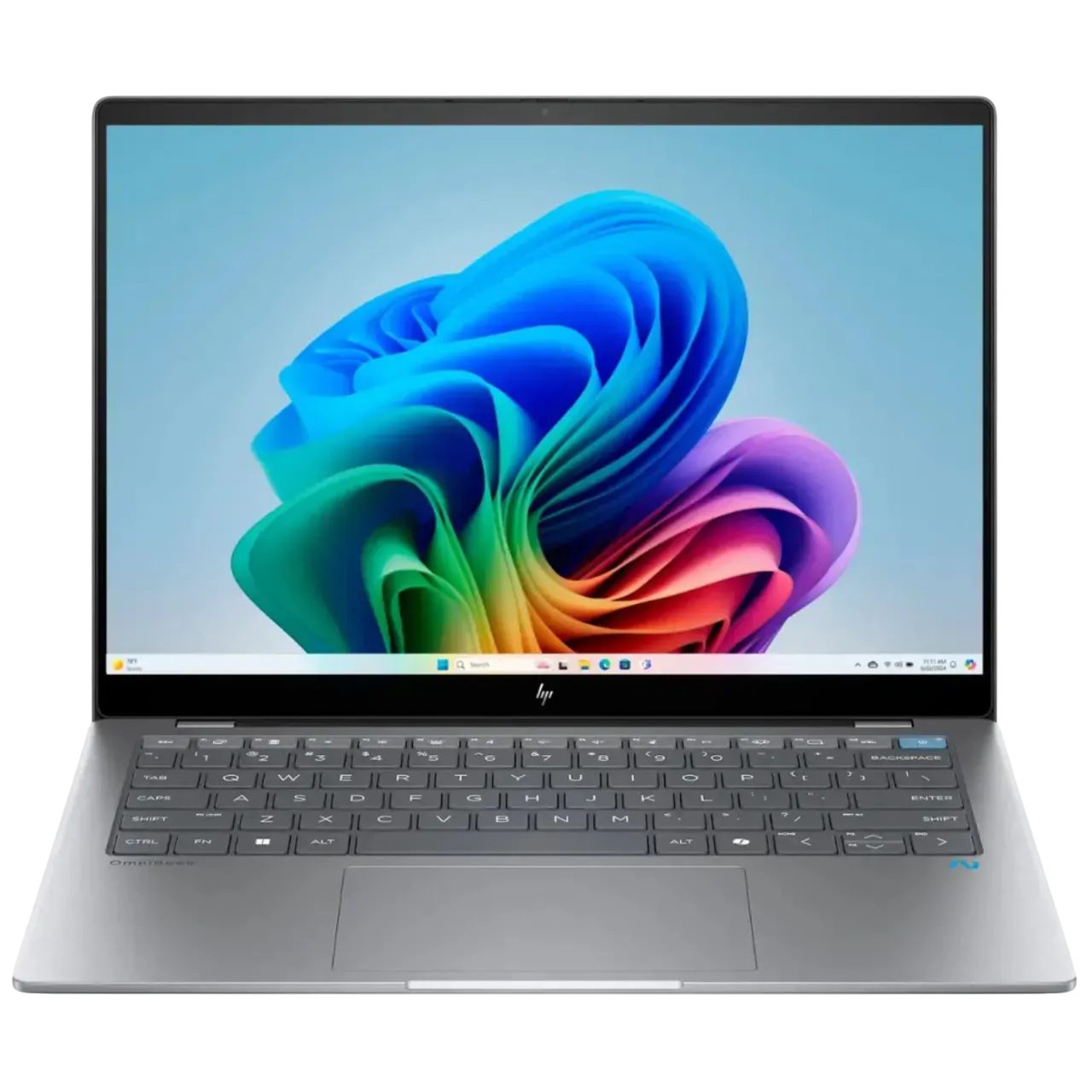 Hình ảnh tổng quan laptop HP OmniBook X màu bạc, thiết kế sang trọng