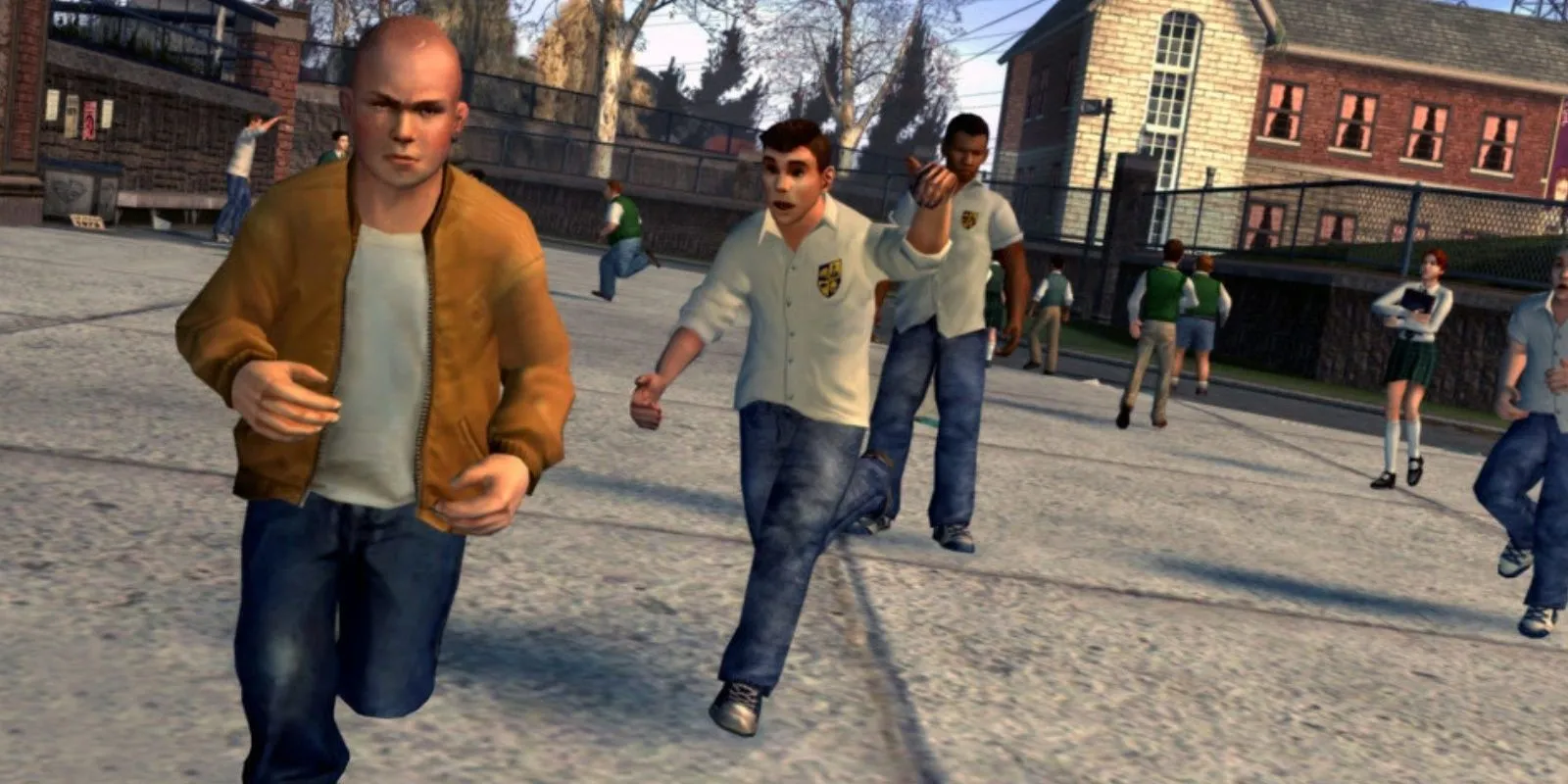 Hình ảnh từ game Bully, các học sinh chạy trên sân trường