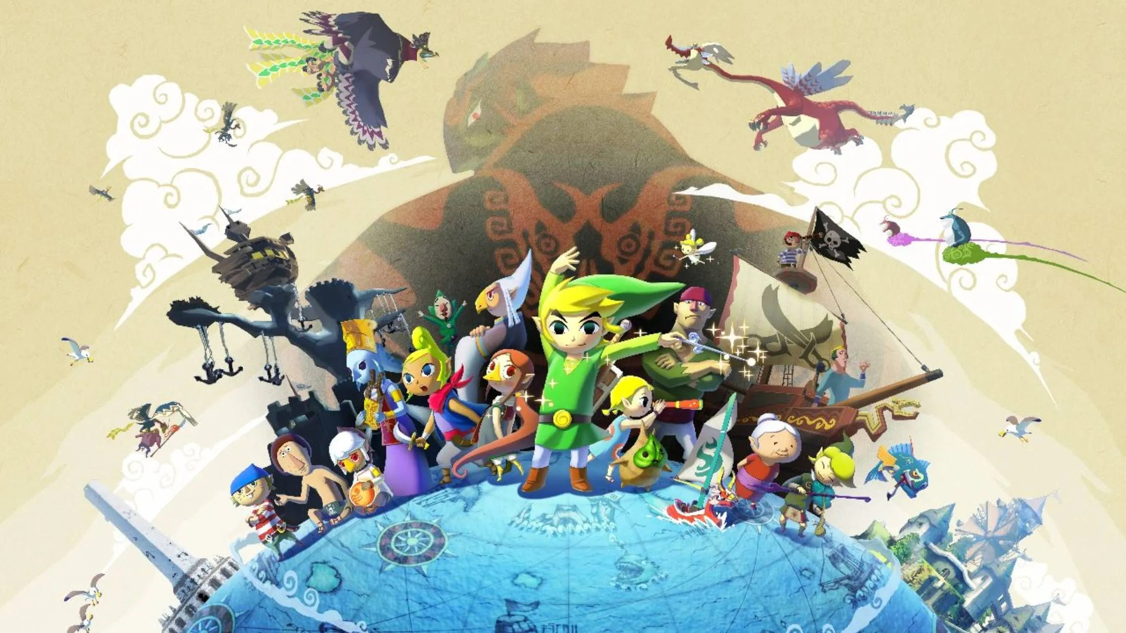 Hình minh họa chính thức của Link và các nhân vật trong The Legend of Zelda: The Wind Waker, thể hiện phong cách đồ họa cel-shaded.