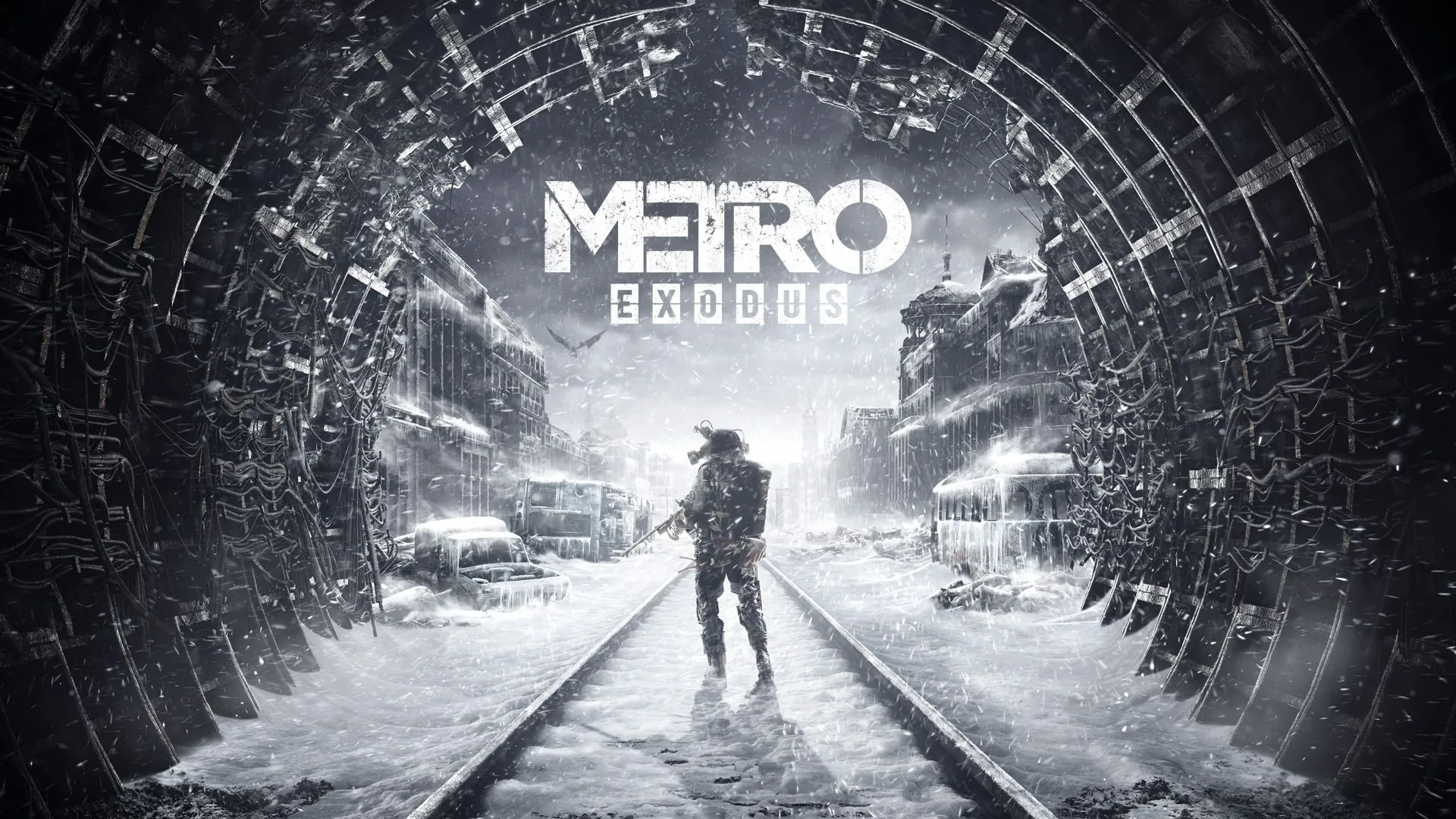 Hình nền Metro Exodus mùa đông, nhân vật chính Artyom đứng trước tàu hỏa trong khung cảnh đổ nát