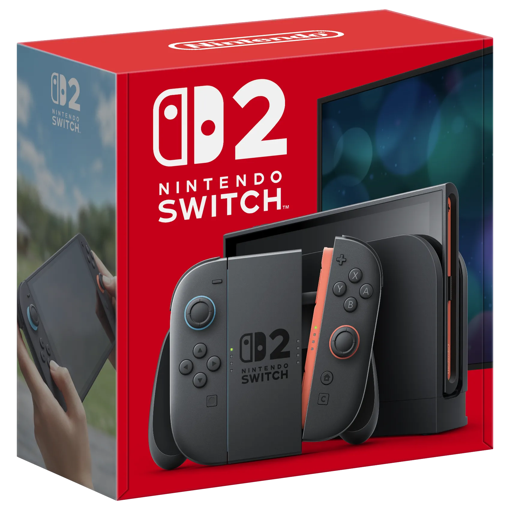 Hộp máy Nintendo Switch 2 minh họa bao bì và thiết kế phần cứng