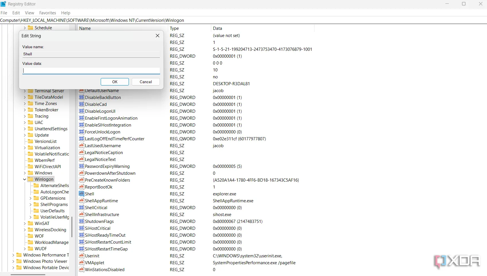 Hộp thoại chỉnh sửa giá trị Shell trong Registry Editor của Windows, nơi người dùng có thể vô hiệu hóa hoặc thay đổi shell mặc định