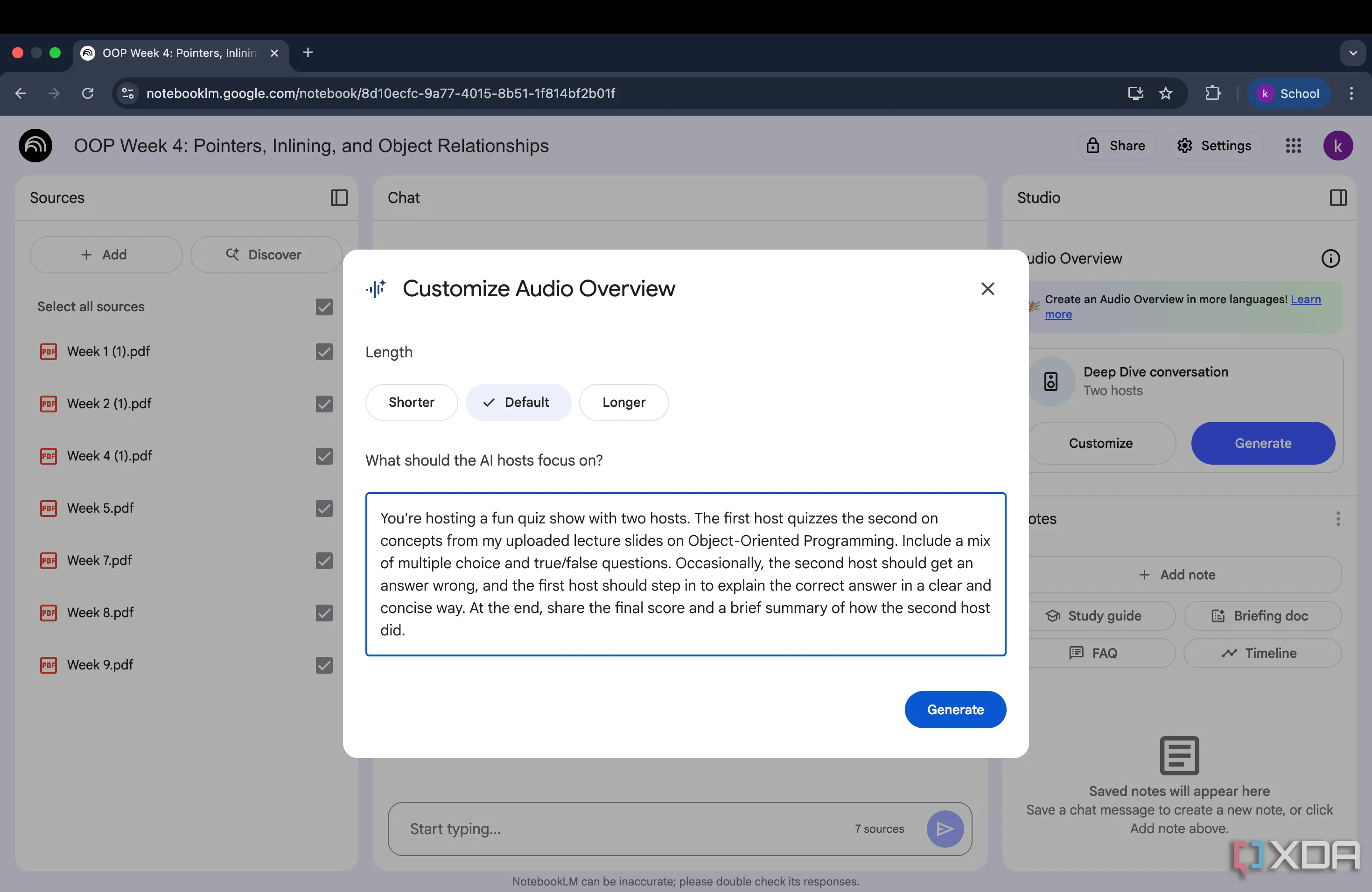 Hộp thoại tùy chỉnh tính năng Audio Overview trong NotebookLM, minh họa cách nhập prompt để tạo chương trình đố vui tương tác, tối ưu hóa việc học tập.