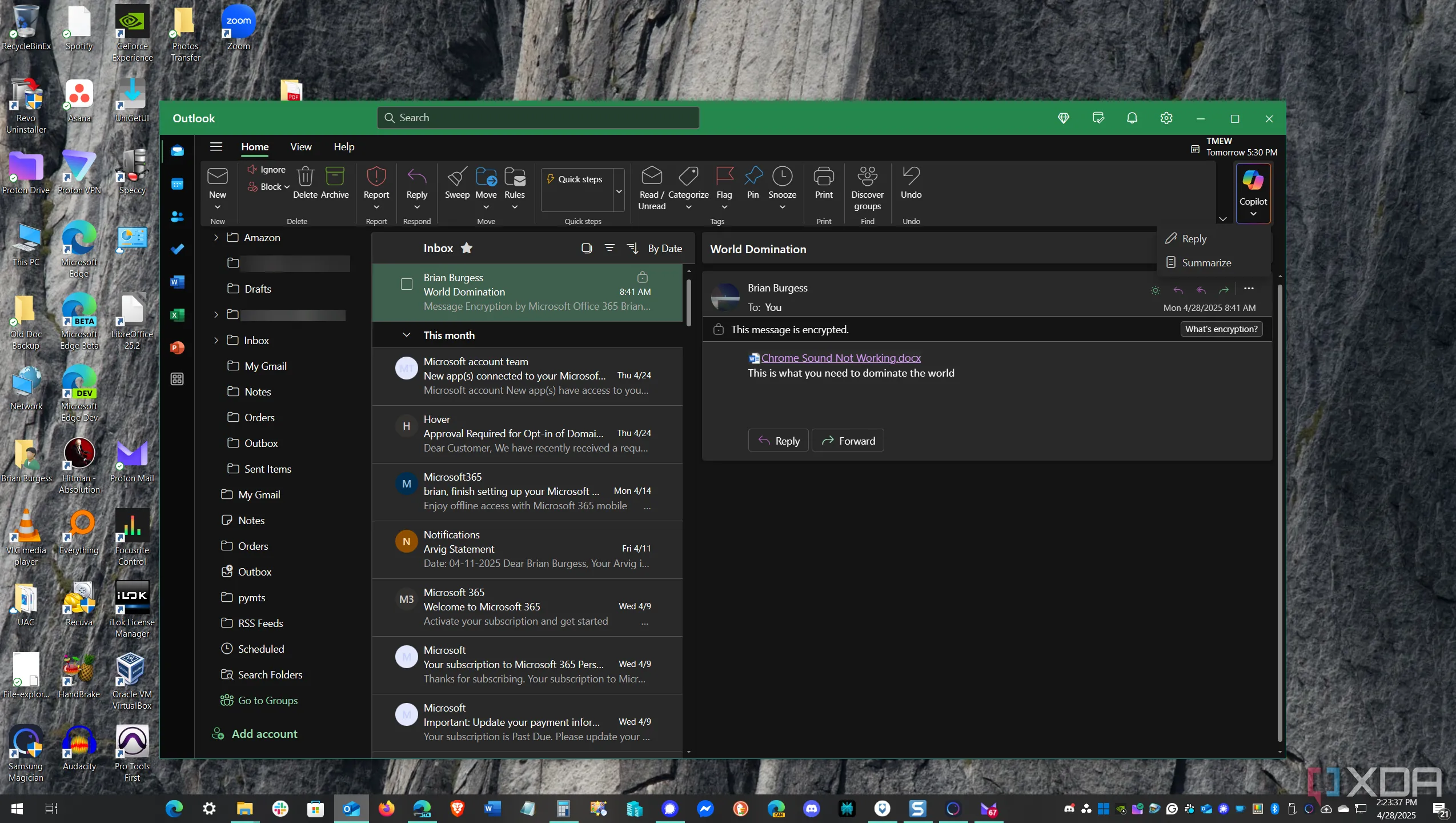 Hộp thư đến email được mã hóa trong ứng dụng Outlook, nhấn mạnh tầm quan trọng của tính sẵn sàng cao