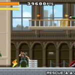 Joe Osugi vượt màn trong game Ninja Five-O với nền đô thị và kẻ thù