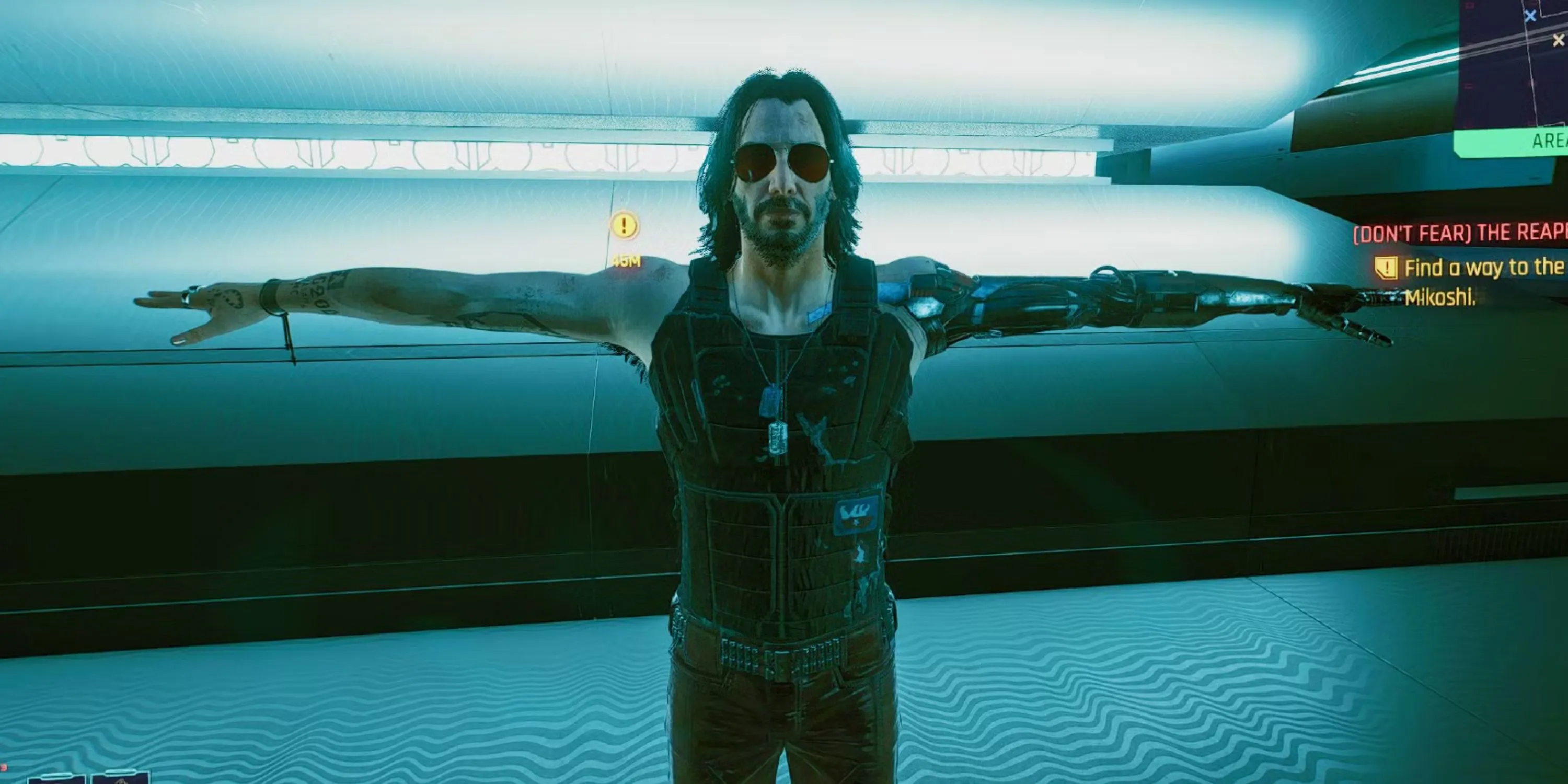Johnny Silverhand đứng t-posing, thể hiện lỗi kỹ thuật đã được khắc phục trong Cyberpunk 2077