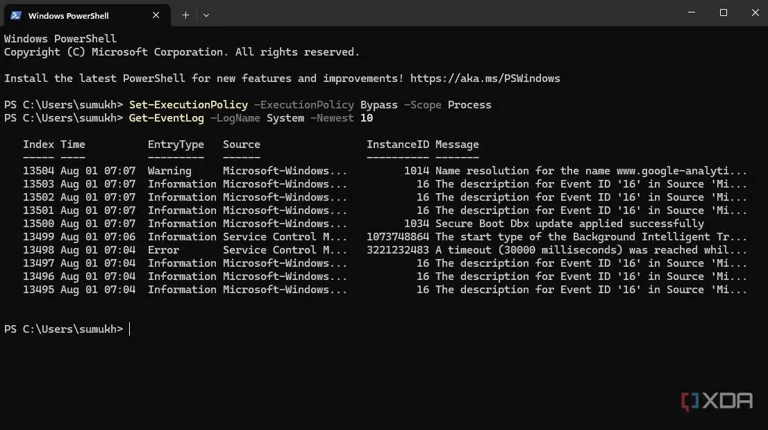 Kết quả của lệnh Get-EventLog trên PowerShell hiển thị nhật ký sự kiện hệ thống